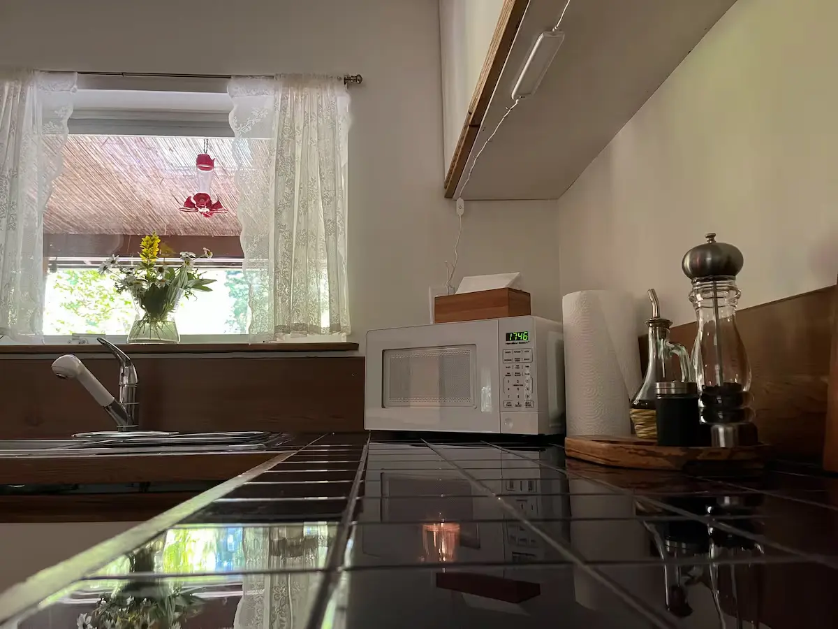 A well-equipped kitchen showcasing a microwave, a sink, and a bright window for ample sunlight.